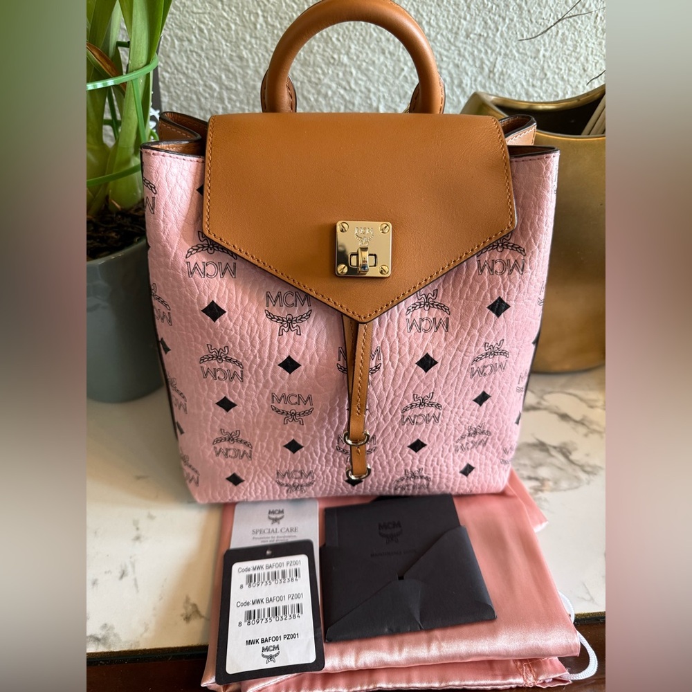 MCM Pink Signature Visetos Backpack with Tan Leather Flap💕🛍️💕